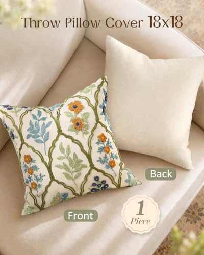 Embroidered Floral Throw Pillow Cover 18x18 Inch, Verdant Blooms - color: Verdant Blooms, size: 18" x 18" (Pack of 1)