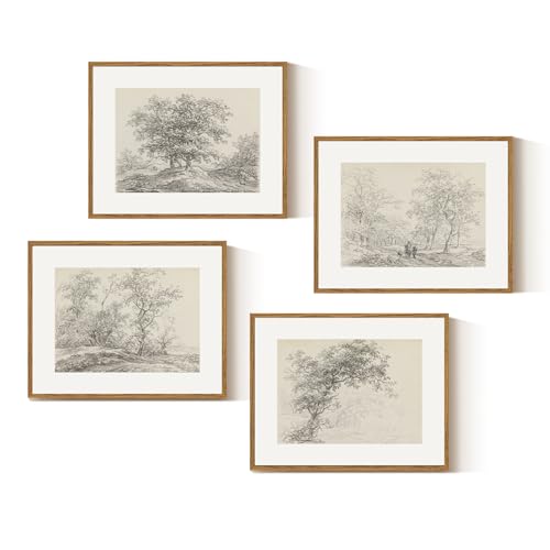InSimSea 4 pcs Framed Wall Art, Vintage Sketch Tree Canvas Prints, Bathroom Kitchen Beige White Decor, Neutral Toned, Rustic Nature Shelf Decor, Small Size,11x14in - color: neutral Sketch tree