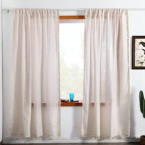 RoomTalks Boho Curtains for Bedroom Living Room 63 Inch Length Freanch Country Modern Farmhouse Window Curtain Panels Embroidery Striped Bohemian Tassel Draperies (63’’L x 52’’W, Beige) - color: Beige, size: 52"W x 63"L (Pack of 2)