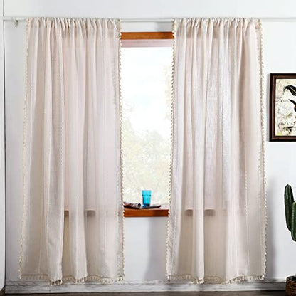 RoomTalks Boho Curtains for Bedroom Living Room 63 Inch Length Freanch Country Modern Farmhouse Window Curtain Panels Embroidery Striped Bohemian Tassel Draperies (63’’L x 52’’W, Beige) - color: Beige, size: 52"W x 63"L (Pack of 2)