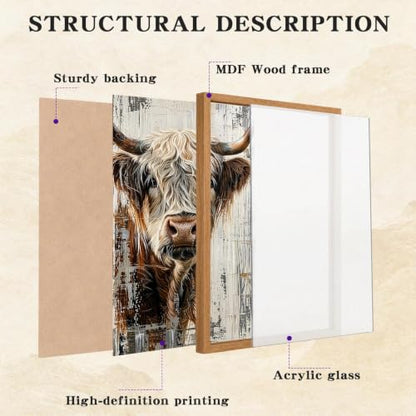 Rustic Highland Cow Framed Wall Art, Farmhouse Canvas Print, 12x16 Inch - color: Brown-Highland cow