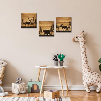 Apicoture Bear Elk Moose Wall Pictures Forest Landscape Hunting Theme Woodland Animal Painting Framed Canvas Artwork Farmhouse Wall Decor 12"x12"x3 Panels