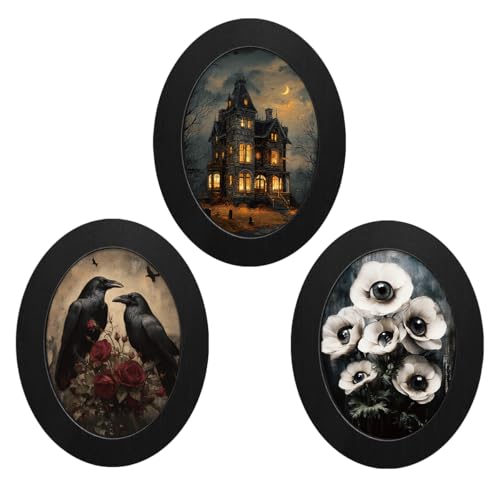 3Pcs Gothic Halloween Oval Wall Art Framed Haunted House Raven Decor | Moody Floral Raven Canvas Prints Halloween Wall Decor for Home Farmhouse Living Room Bedroom - color: color-e