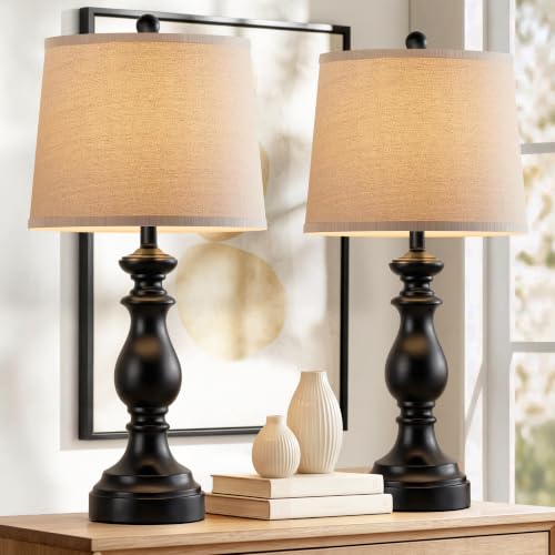 PARTPHONER Traditional Table Lamp Set of 2, Rustic Farmhouse Table Lamps for Living Room Bedroom, 27" Bedside Desk Lamps Vintage Nightstand Lamps with Linen Shades, Matte Black - color: Matte Black, size: 27 Inch
