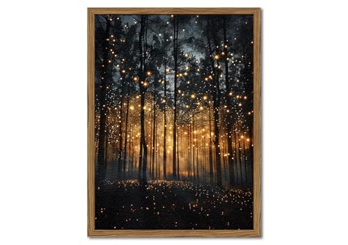 Whimsical Nature Forest Wall Art, Enchanted Forest Landscape Wall Decor Painting Dark Magical Tree 3D Texture Hand Drawn Sandstone Artwork for Bedroom Living Room 16x24 inch Wood Framed - color: Full Tree Stars, size: 24"L x 16"W