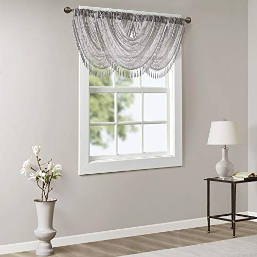 Madison Park Diamond Embroidered Sheer Ascot Valance, 38x46 Grey - color: Grey, size: 38"W x 46"L (Pack of 1)