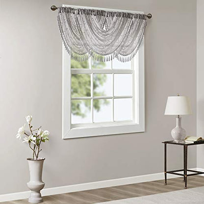 Madison Park Diamond Embroidered Sheer Ascot Valance, 38x46 Grey - color: Grey, size: 38"W x 46"L (Pack of 1)