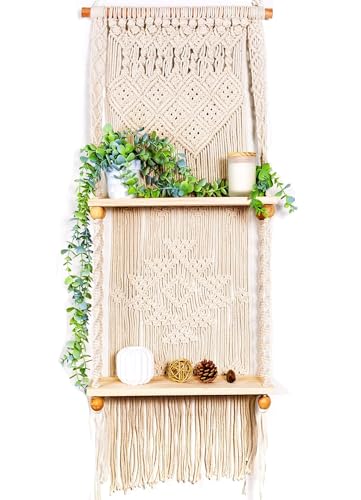 Macrame wall Hanging Shelf (Tier 2, Natural White) - size: Tier 2