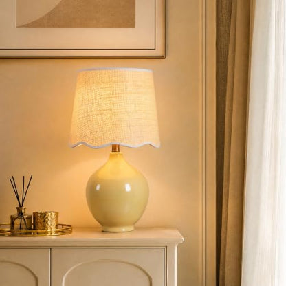 21"H Butter Yellow Ceramic Table Lamp with Beige Faux Rattan Drum Shade - color: Butter Yellow