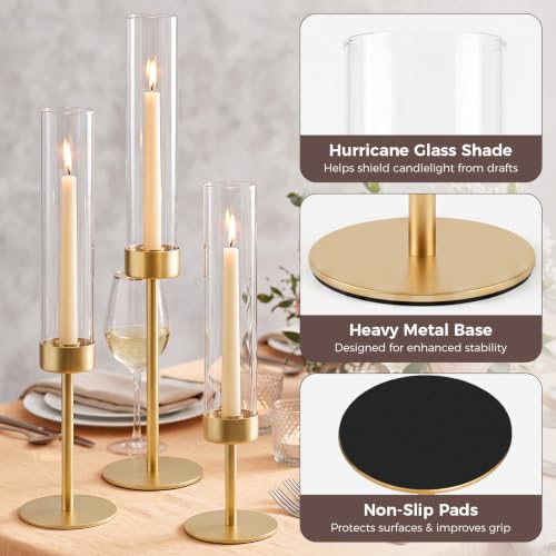 Hurricane Glass Candle Holders Set of 3 Gold Metal Taper Candlesticks