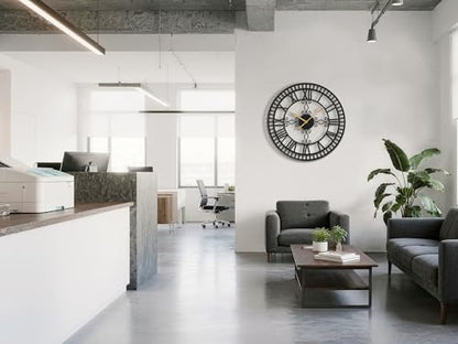 30" Large Wall Clock Decorative for Living Room, Black Metal Roman Numeral Big Clock Completely Silent, Oversized Wall Clocks Battery Operated for Kitchen, Bedroom, Fireplace - size: 30 inch