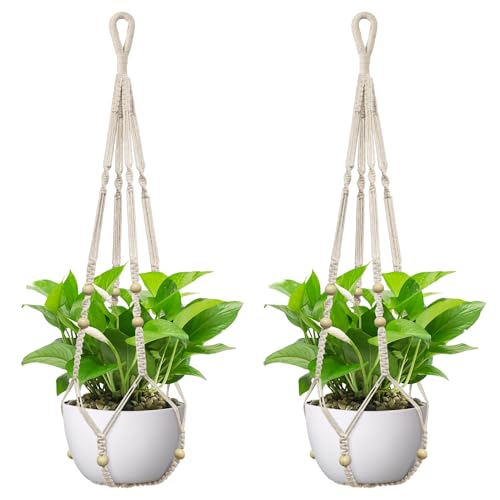 USLAI Macrame Plant Hanger, for Up to 15 Inch Pots, 35 Inch, Ivory, 2 Pack - color: 35+35 Inch - Ivory
