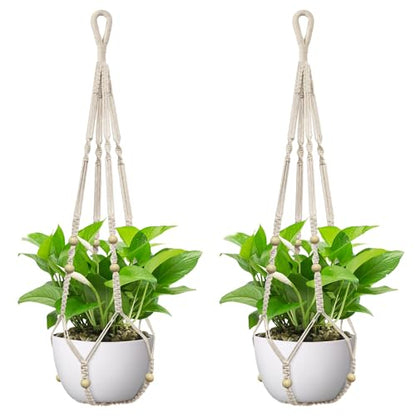 USLAI Macrame Plant Hanger, for Up to 15 Inch Pots, 35 Inch, Ivory, 2 Pack - color: 35+35 Inch - Ivory