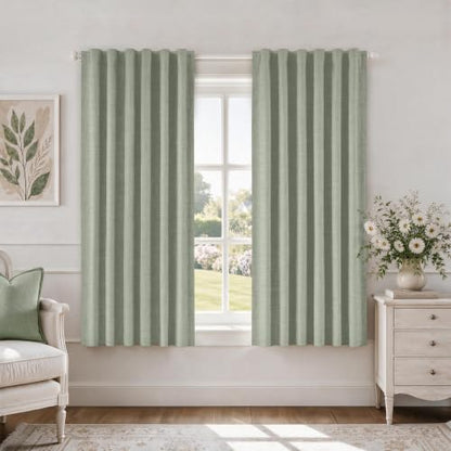 HOMEIDEAS 100% Blackout Sage Green Faux Linen Curtains 63''L 2 Panels - color: Sage Green, size: 52"W x 63"L (Pack of 2)