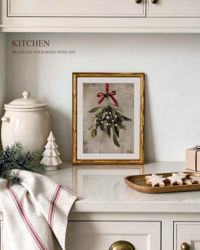 InSimSea Gold Bamboo Framed Christmas Wall Art, Retro Mistletoe, 11x14In - color: Christmas Mistletoe