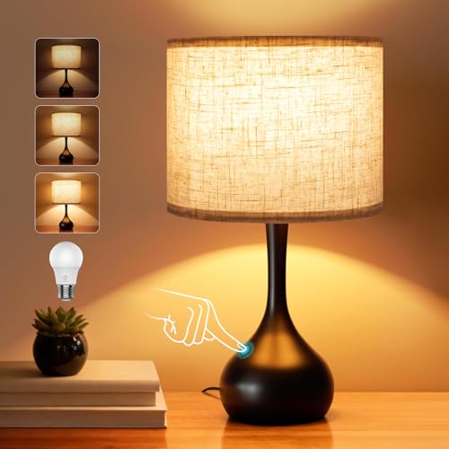 ONEWISH Touch Bedside Lamp for Bedroom, 3-Way Dimmable Table Lamps for Nightstand with Cylindrical Fabric Shade, Desk Lamp for Living Room, End Tables, Home Office - color: Beige Linen Drum Shade & Black Base