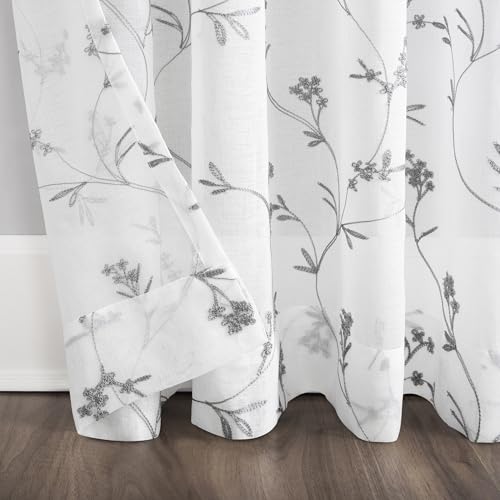 No. 918 Delia Embroidered Floral Sheer Rod Pocket Curtain Panel, White, 50" W x 96" L (1 Panel) - color: White, size: 50"W x 96"L (Pack of 1)