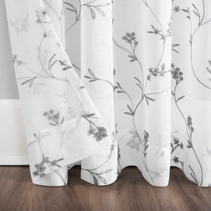 No. 918 - 56509 Delia Embroidered Floral Sheer Rod Pocket Curtain Panel, 50" x 63", White - color: White, size: 50"W x 63"L (Pack of 1)