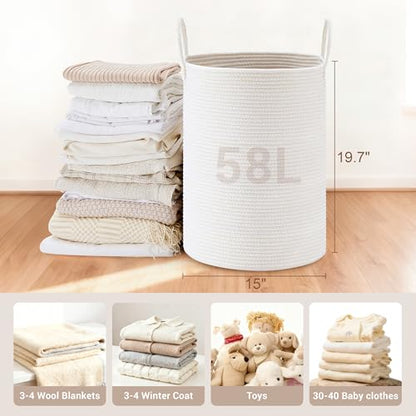 58L Tall Cotton Rope Laundry Basket with Handles, White - color: White, size: 58L