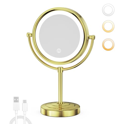 GURUN 8.5 Inch LED Lighted Tabletop Makeup Mirror with 10x Magnification Dimmable 3 Colors Touch Control 4500mAh Double Sided Gold Finish 2208D-T(10x, Gold) - color: Gold-batterie-touch Control