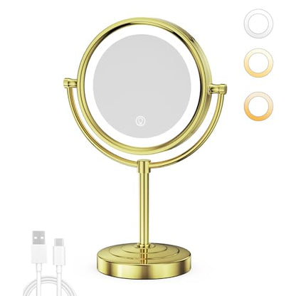 GURUN 8.5 Inch LED Lighted Tabletop Makeup Mirror with 10x Magnification Dimmable 3 Colors Touch Control 4500mAh Double Sided Gold Finish 2208D-T(10x, Gold) - color: Gold-batterie-touch Control