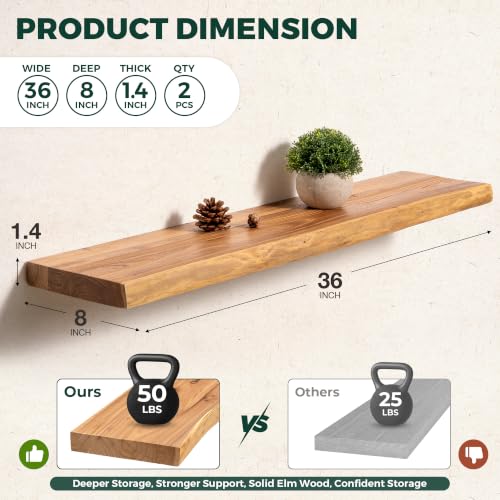 36in Live Edge Solid Elm Floating Shelves, Natural, Set of 2 - color: Natural Color, size: Live Edge 36 inch, 2Packs