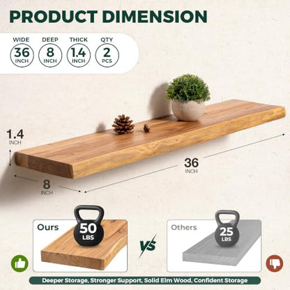 36in Live Edge Solid Elm Floating Shelves, Natural, Set of 2 - color: Natural Color, size: Live Edge 36 inch, 2Packs