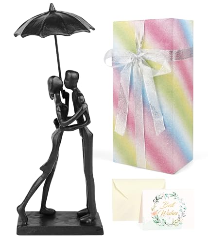 Kresecioo Anniversary for Couple/Her, Affectionate Couple Statue Kissing Under Umbrella, Handcrafted Cast Iron Sculpture in Love, for Wedding Gifts 6th Anniversary Birthday Gifts - color: Classic Black, size: Umbrella Couple