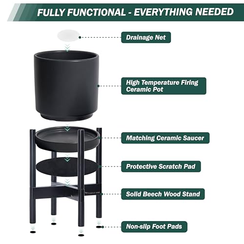 D'vine Dev Ceramic Pot with Ebony Wood Stand, Black, 8 in, 55-B-M-2 - color: Black Pot + Ebony Stand, size: 8 Inch