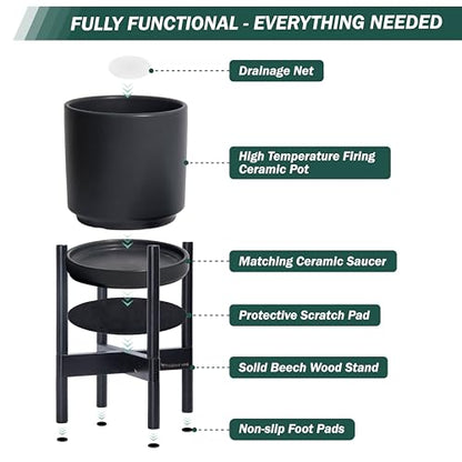 D'vine Dev Ceramic Pot with Ebony Wood Stand, Black, 8 in, 55-B-M-2 - color: Black Pot + Ebony Stand, size: 8 Inch