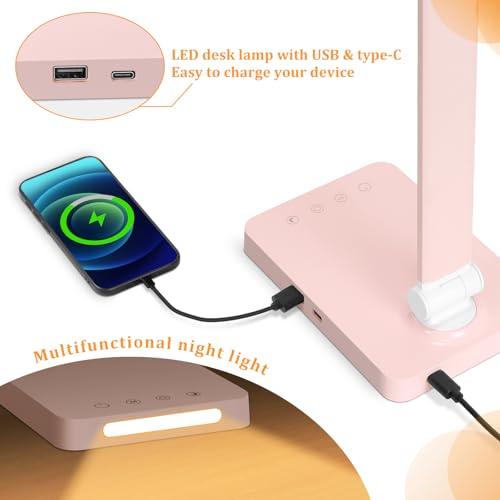 LED Desk Lamp with USB Ports,Touch Desk Lamps for Home Office with 5 Modes - color: Pink