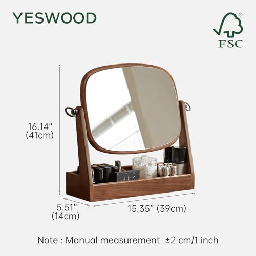 YESWOOD Vanity Makeup Mirror Tabletop with North America Black Walnut Stand, 360 Degree Swivel Magnifying Mirror with Storage for Bathroom or Bedroom, 16inch