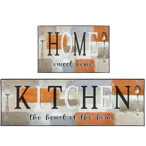 Kitchen Rugs Set of 2 Non Slip WashableVintage Abstract - color: Orange Beige