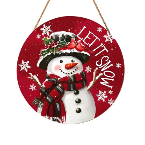 Christmas Snowman Front Door Sign Snowflake Wood Door Hanger for Outdoor Outside Porch Winter Cardinal Birds Decoration Welcome Sign Farmhouse Round Wall Hanging Xmas Wreath Decor for Home 12"x12" - color: Christmas Snowman-Let it Snow