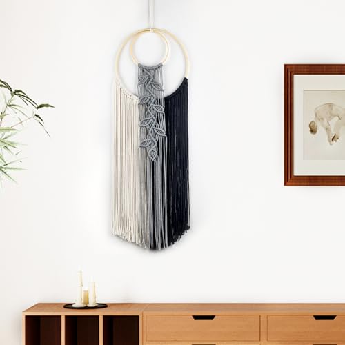 LB Black Macrame Wall Hanging,Cotton Handmade Woven Tapestry Wall Hanging Decor Boho Dream Catchers Modern Home Decor for Living Room Apartment Office Backdrop,10X30 Inch - color: Black
