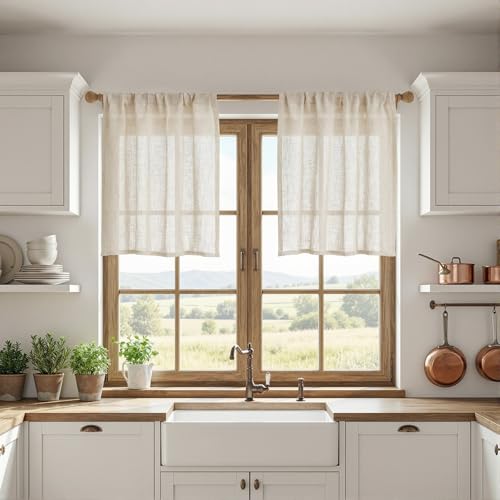 MYSKY HOME Kitchen Semi Sheer Linen Curtains 24 Inch Long, Light Filtering Window Panels Rod Pocket Valance Neutral Drapes for Small Window/Cafe/Bathroom Basement, Linen, 2 Panels, 34 x 24 Inch - color: Linen, size: 34"W x 24"L (Pack of 2)