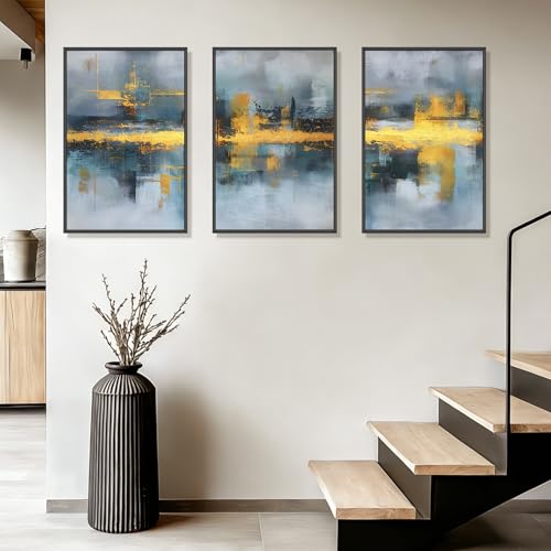 Blue and Gold Abstract Wall Art Set of 3, Modern Framed Canvas Wall Art 16x24 Inch, Luxury Abstract Landscape Wall Painting for Living Room Bedroom Office, Metal Frame Ready to Hang - color: Metallic Waterscapes, size: 16"L x 24"W