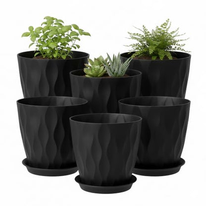 6 Pack 8 Inch Plastic Plant Pots with Drainage Holes and Trays, Black - color: Black 8 Inch