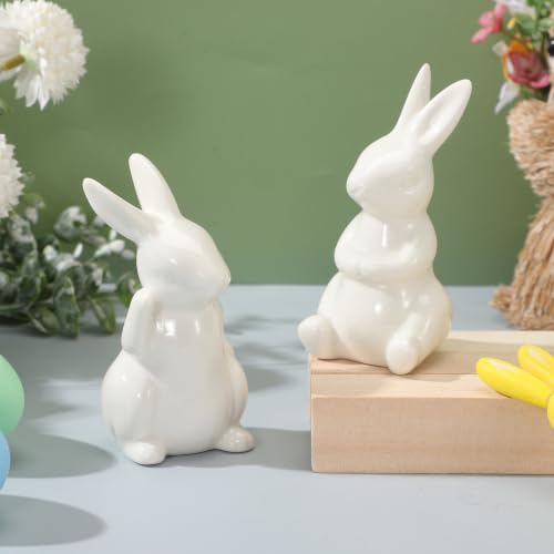2Pcs Easter Bunny Figurines White Ceramic Rabbit Statues for Spring Home Decoration, Small Animal Sculpture for Tabletop Centerpiece, Cute Mini Holiday Party Shelf Ornaments