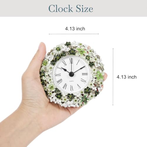 Floral Small Tabletop Clock, Battery Operated Metal Clock with Rhinestone for Bedside, Table, Living Room, Home & Office, Quartz Analog Movement - color: Green With White