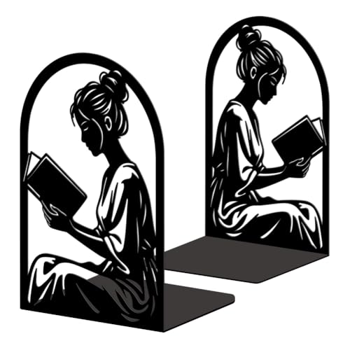 Peacoblue 5.3"x4.3"x7.9" Metal Bookends, Heavy Duty Book Ends for Shelves - style: Reading Girl
