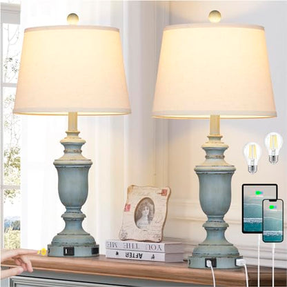 Cinkeda 25.6" Blue Table Lamps Set of 2 with USB C+A Ports & AC Outlet for Coastal Living Room Bedroom,3-Way Dimmable Farmhouse Touch Lamp Bedside Lamps for Nightstand,Retro Blue - color: Coastal