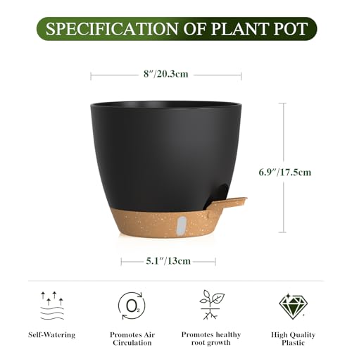 Self Watering Pots with Drainage Holes, 2 Pack 8 Inch Plant Pots with Water Level Indicator Deep Reservoir, Large Plastic Planter for Indoor Outdoor Plants - Black Brown - color: Black Brown, size: 8 Inch 2 Pack