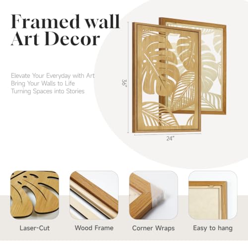 Large Framed Boho Cutout Carved Wood Wall Art for Living Room, 24x36 Inch - color: Natural Color
