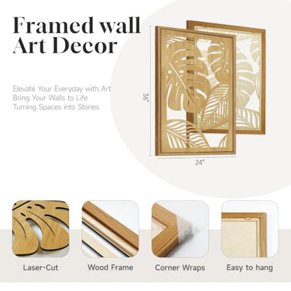 Large Framed Boho Cutout Carved Wood Wall Art for Living Room, 24x36 Inch - color: Natural Color