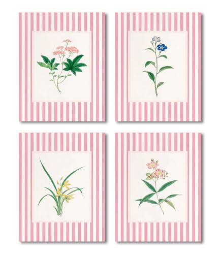 Pink Floral wall art set of 4 Vintage Pink and White Striped Floral Rustic Cottagecore Botanical Posters Canvas Prints Pictures for Home Bedroom Living Room Girls Dorm Wall Decor 12x16 Unframed - color: Pink Floral, size: 16"L x 12"W