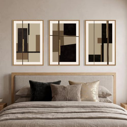 Celestdeco Abstract Black Brown Shapes Framed Canvas Wall Art Set-16"x24"x3 - color: Black Shapes Wall Art, size: 16"L x 24"W