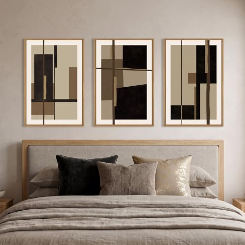 Celestdeco Abstract Black Brown Shapes Framed Canvas Wall Art Set-24"x36"x3 - color: Black Shapes Wall Art, size: 24"L x 36"W