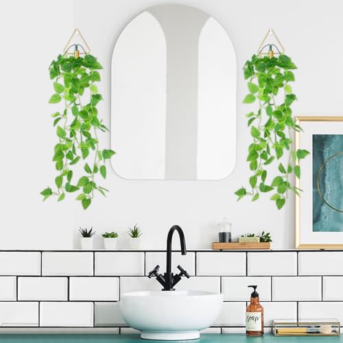 Jexine 2 Pcs Boho Wall Decor Gold Hanging Planters with Artificial Plants Wall Art Mounted Metal Home Decor Display Bedroom Bathroom Living Room(Pothos) - style: Pothos