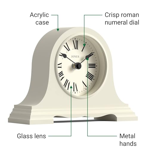 JONES CLOCKS® Speakeasy Small Mantel Clock | Classic Napoleon’s hat Design | Pale Cream | Roman Numerals | Traditional Style for Desk, Table, Shelf or Bedside - color: Linen White